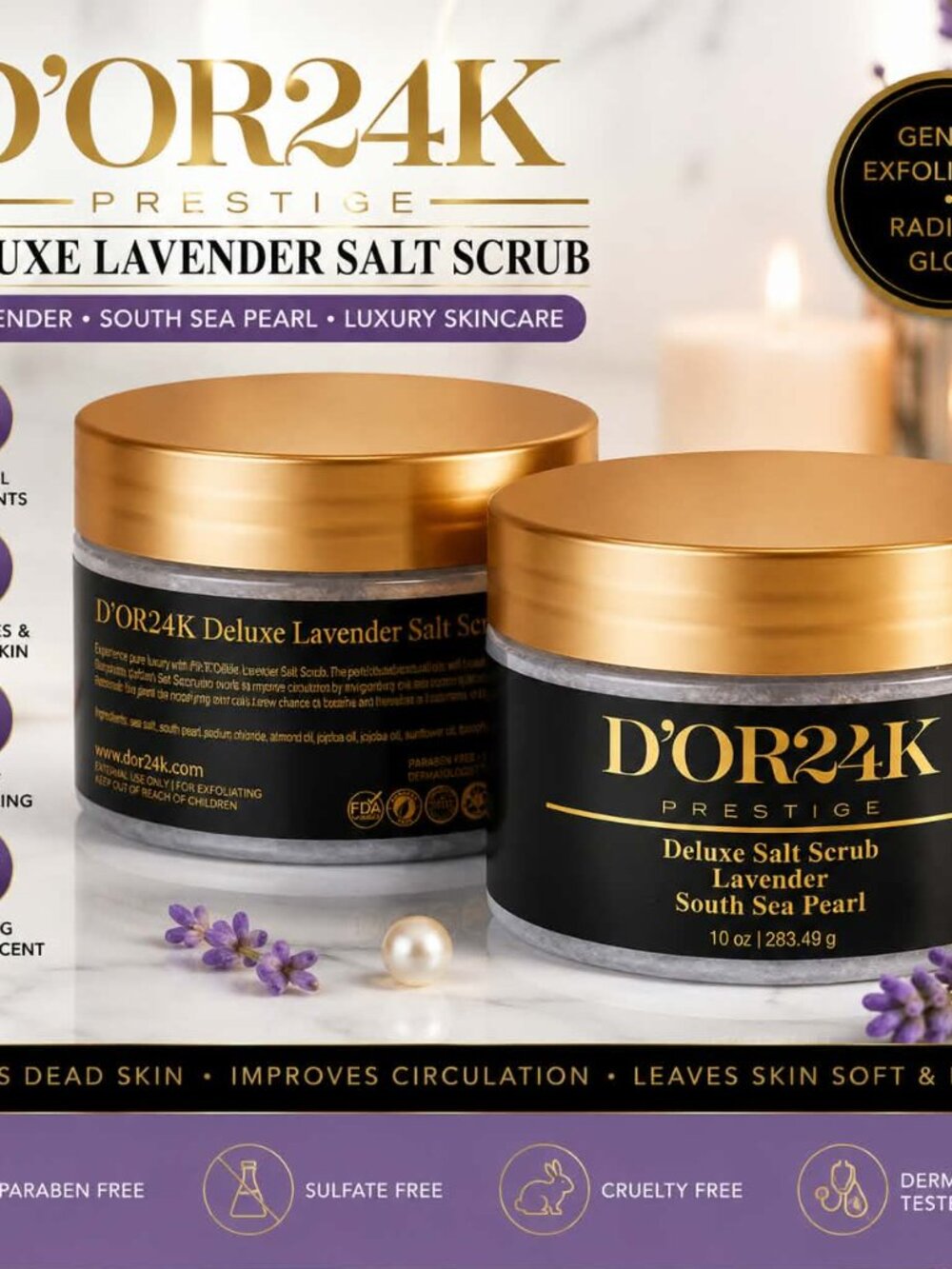 D'OR24K Prestige Deluxe Salt Scrub Lavender South Sea Pearl Exfoliating 10oz New